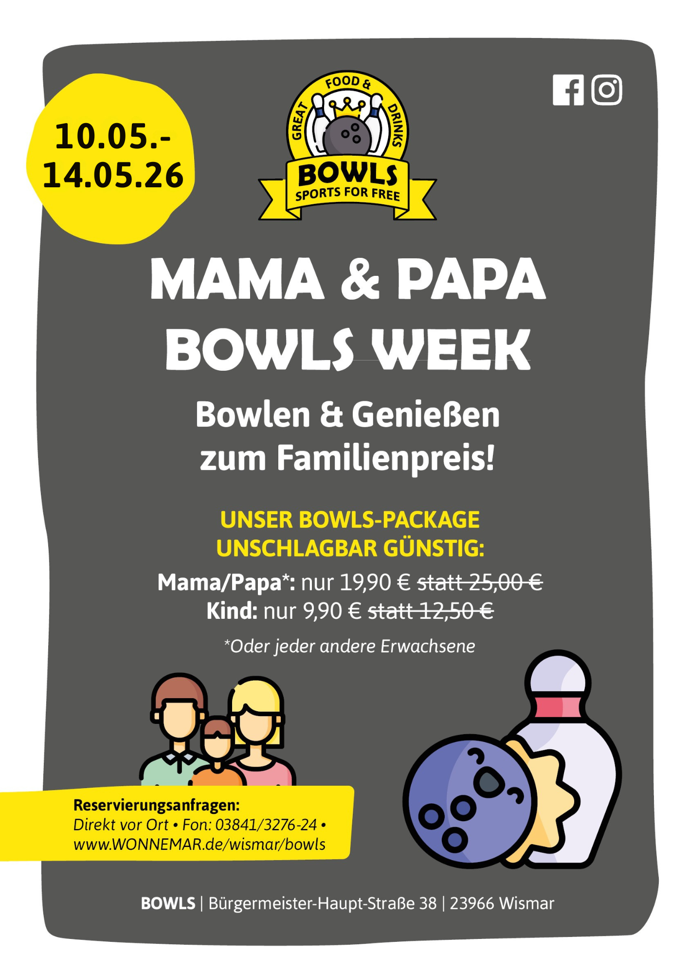10.05.-14.05.26 (Flyer (A4)) Wonnemar Wismar Bowling Mama Papa Strike